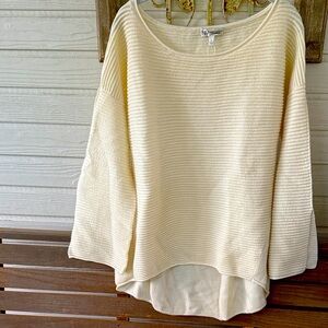 Neiman Marcus Ivory Ribbed Slit Bell Sleeve High Low Ribbed Contrast Sweater